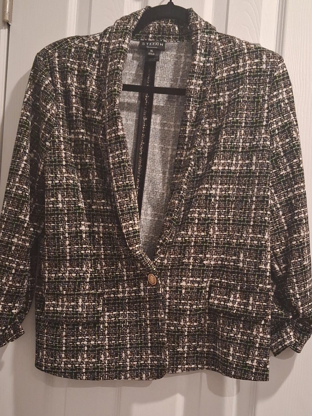 St. John Black, White & Green Tweed Blazer with Gold Button